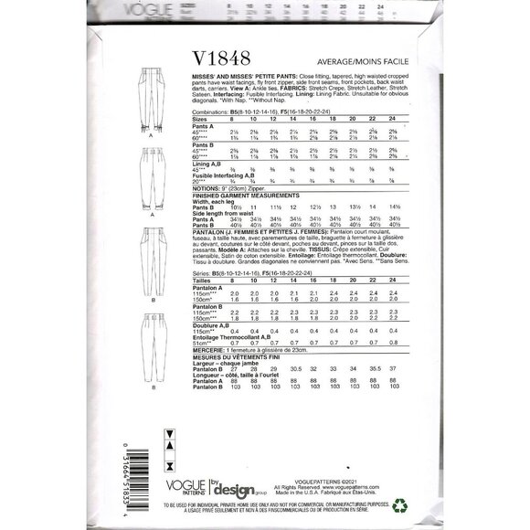 Vogue V1848 Misses or Petite 16 to 24 High Waisted Pants Uncut Sewing Pattern - Picture 2 of 2